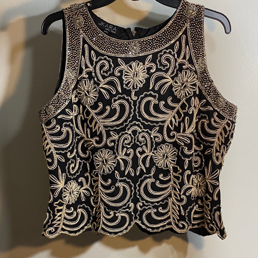 J Kara Black Top with Gold Embroidery